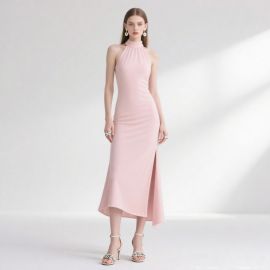 Elegant Pink Halter Neck High Slit Midi Dress | Chic Evening Wear