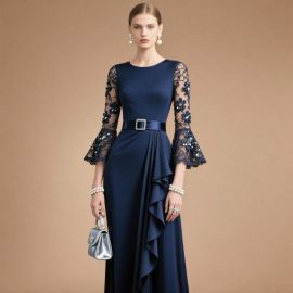 Elegant Navy Blue Evening Gown with Lace Sleeves & Ruffled Hem - Formal Occasion Dress