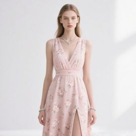 Elegant Pink Floral Deep V-Neck Midi Dress with Side Slit - Summer Chic Style