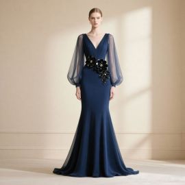 Elegant Navy Blue Evening Gown: Sheer Sleeves & Floral Embellishments