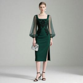 Emerald Green Embroidered Sheer Sleeve Slit Midi Dress - Elegant Party Evening Gown