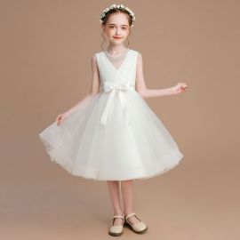Girls Elegant V-Neck White Tulle Party Dress with Bow Belt - Wedding/Birthday Occasion