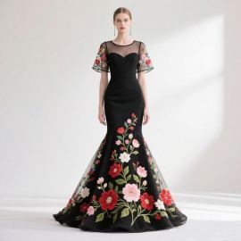 Elegant Black Mermaid Gown with Colorful Floral Embroidery & Sheer Mesh Sleeves