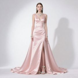Elegant Pink Satin Gown Deep V-Neck High Slit Evening Dress