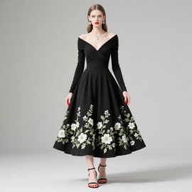 Elegant Off - Shoulder Long Sleeve Midi Dress with Floral Embroidery