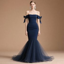 Navy Blue Off - Shoulder Mermaid Evening Gown with Bow Sleeves Design