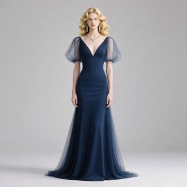 Navy Blue V-Neck Puff Sleeve Long Formal Evening Gown - Elegant Party Dress