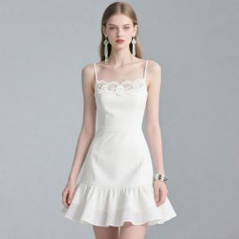 Elegant White Lace Spaghetti Strap Mini Dress with Flounce Hem - Chic Summer Style