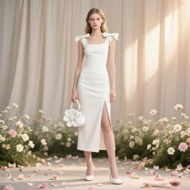 Elegant White Midi Dress with Bow Shoulders & High Slit - Chic Formal Attire