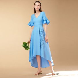 Light Blue V-Neck High-Low Hem Dress with Ruffled Sleeves & Lace Detailing
