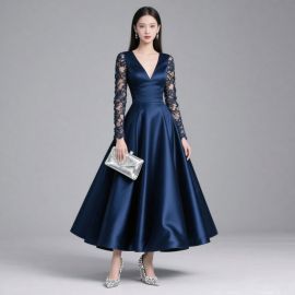 Navy Blue Lace Long Sleeve V-Neck Full Skirt Evening Gown - Elegant Prom Dress