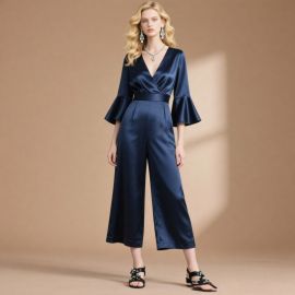 Navy Blue Satin Jumpsuit: Deep V Neck, Flared Sleeves & Wide Leg Design