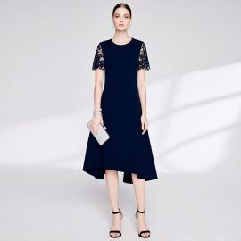 Navy Blue Midi Dress: Lace Short Sleeves & Asymmetric Hem for Elegant Women