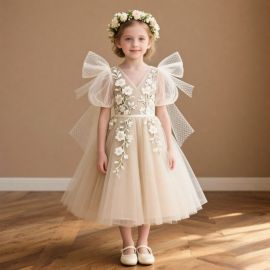 Elegant Girls' Flower Embroidered Tulle Dress with Bow Sleeves - Princess Party Gown