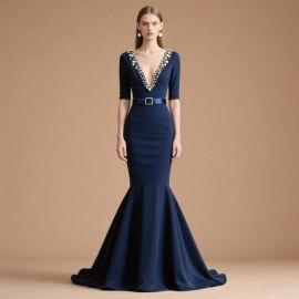 Elegant Navy Blue Mermaid Gown: Pearl Embellished V - Neck & Belted Waist Design