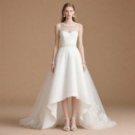 Elegant High-Low Hem Wedding Dress with Lace & Tulle Details