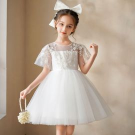 White Lace Flower Girl Dress Short Sleeves Tulle Skirt Kids Wedding Party Gown