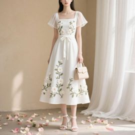 Elegant White Midi Dress with Floral Embroidery Square Neck Short Sleeves Bow Tie Waist