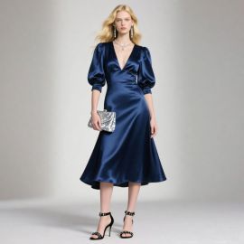 Elegant Navy Blue Satin V - Neck Midi Dress with Puff Sleeves