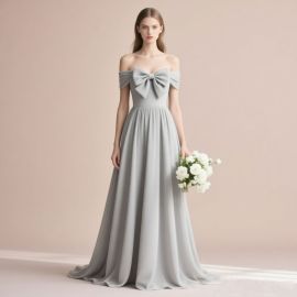Light Gray Off-The-Shoulder Gown with Big Bow - Elegant Flowy Long Dress