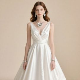 Elegant White Satin Wedding Dress: Deep V-Neck & Ruched Waist Design for Timeless Bridal Look