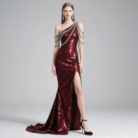 Burgundy One - Shoulder Sequined Evening Gown with Chain Strap & High Slit