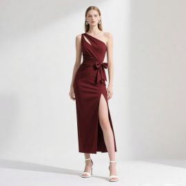 Elegant Burgundy One - Shoulder Slit Dress with Bow Detail