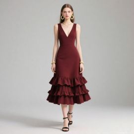 Elegant Burgundy Layered Ruffle Midi Dress - V-Neck Sleeveless Chic Gown
