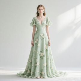 Elegant Mint Green Floral V - Neck Puff Sleeve Maxi Dress with Flowy Train