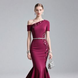 Burgundy One - Shoulder Sequined Mermaid Evening Gown - Elegant Formal Dress