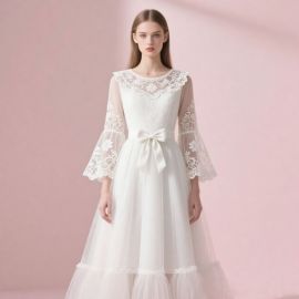 Elegant White Lace Midi Dress with Flare Sleeves & Bow Belt - Vintage Inspired Gown