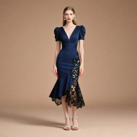 Elegant Navy Blue Midi Dress: Puff Sleeves, V-Neck, Sequin & Lace Design