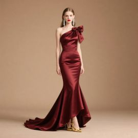 Burgundy One-Shoulder Mermaid Gown with Bow - Satin Evening Dress for Formal Events