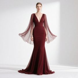 Elegant Burgundy Deep V-Neck Mermaid Gown with Sheer Cape Sleeves - Evening Dress