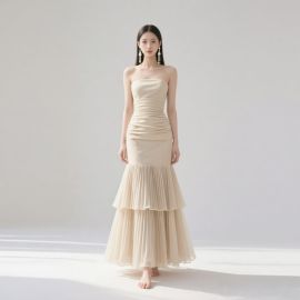 Strapless Mermaid Gown: Ruched Bodice & Layered Pleated Skirt - Elegant Evening Dress