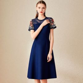 Elegant Navy Blue Midi Dress with Lace & Floral Embroidered Sleeves for Women
