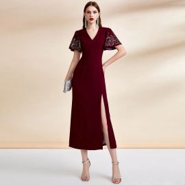 Elegant Burgundy V-Neck Embroidered Sleeve Slit Maxi Formal Dress