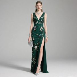 Emerald Green Embroidered Sequined Slit Evening Gown - Elegant Formal Dress