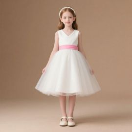 Kids Girls White Tulle Dress Sleeveless V-Neck with Pink Sash - Party Wedding Flower Girl Gown