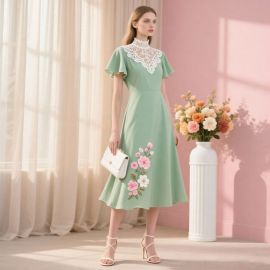 Elegant Mint Green Midi Dress with Lace Neckline & Floral Embroidery - Vintage Women's Fashion