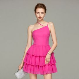 Hot Pink One - Shoulder Layered Chiffon Mini Dress for Party