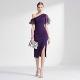 Elegant Purple One - Shoulder Dress with Ruffled Sleeves & Side Slit - Perfect for Evening Events