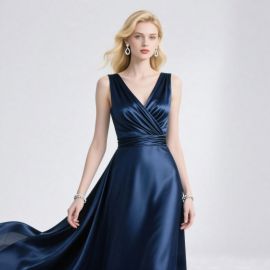 Elegant Navy Blue Satin V-Neck Wrap Waist Long Evening Dress