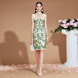 Sleeveless Square Neck Bodycon Dress with Green Floral Embroidery - Chic Party & Daily Wear