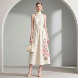 Elegant Ivory Halter Neck Midi Dress with Pink Floral Embroidery