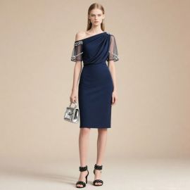 Elegant Navy Blue One-Shoulder Dress with Pearl-Embellished Mesh Sleeves
