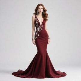 Burgundy Deep V Neck Mermaid Gown with Beaded Embellishment - Elegant Evening Dress