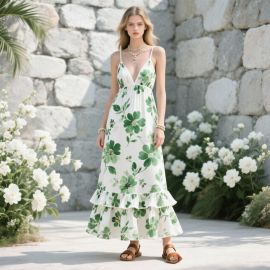 Bohemian Floral Maxi Dress: White with Bold Green Print, Spaghetti Straps & Ruffled Hem