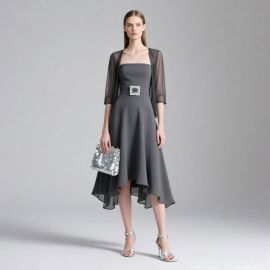 Elegant Gray Strapless Midi Dress with Asymmetric Hem & Crystal Belt - Chic Evening Wear