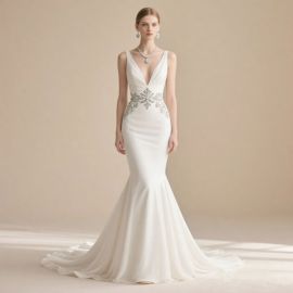 Elegant Mermaid Wedding Dress: Deep V-Neck, Embroidered Waist, Chiffon Train